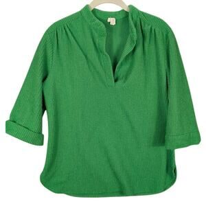 Vtg Shirt Womens Medium Kelly Shirt Split Neck Ribbed Textured Rolled Sleeves